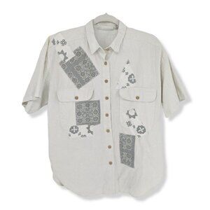 Red Rover Button Up Shirt Linen Cotton Blend Bandana Floral Patches Large L